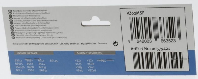 VZ02MSF Bosch vaskbart motorfilter